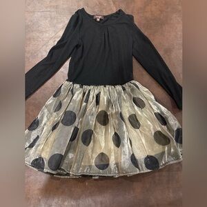 Stylish Black and Gold Polka Dot Kids Dress by Imoga. Size 6